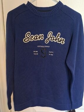 Sean John Men's Crewneck Sweater in Deep Blue with Script Logo